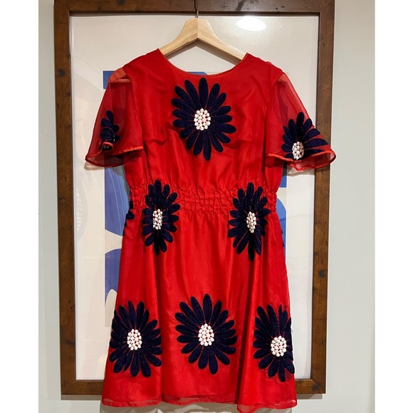 Vintage Red Chiffon Floral Embroidered Dress - Picture 1 of 3